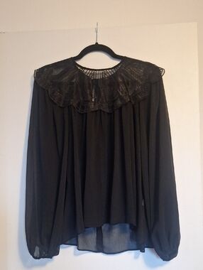 Zara Black Sheer Long-Sleeve Blouse with Lace Collar